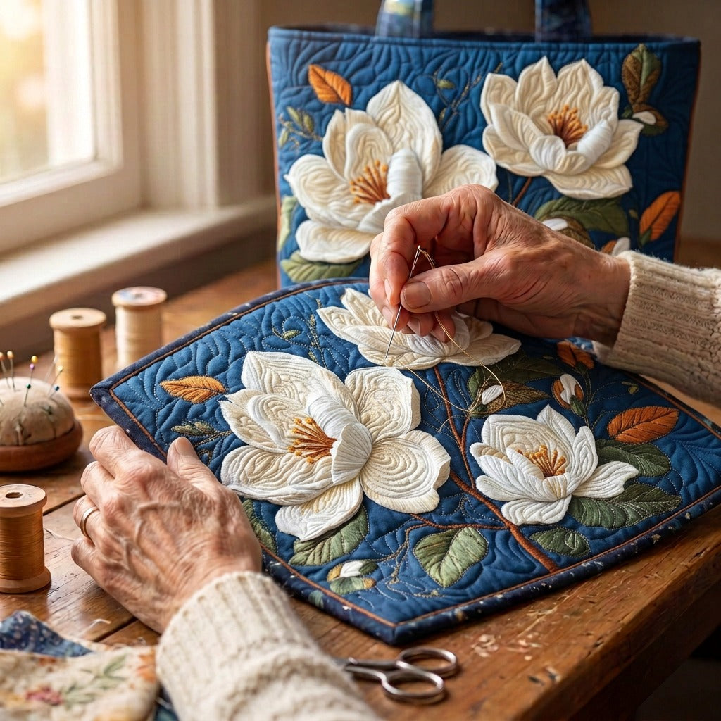 Magnoliapark Gewatteerde Handgemaakte Tas – wordt met de hand gequilt aan de ateliertafel