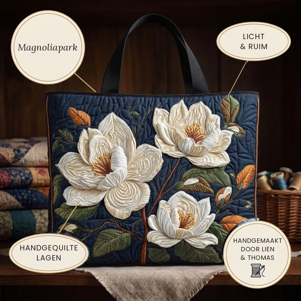 Delicate Magnolia quilted tote bag details: light and roomy, hand-quilted layers