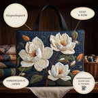 Delicate Magnolia quilted tote bag details: light and roomy, hand-quilted layers