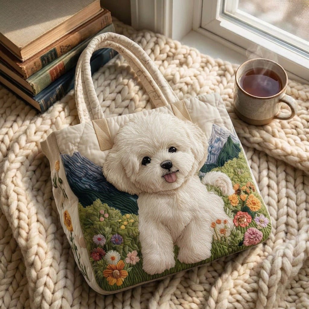 Chien Enchanté Sac Artisanal Matelassé – sac sur un plaid tricoté avec un café près de la fenêtre