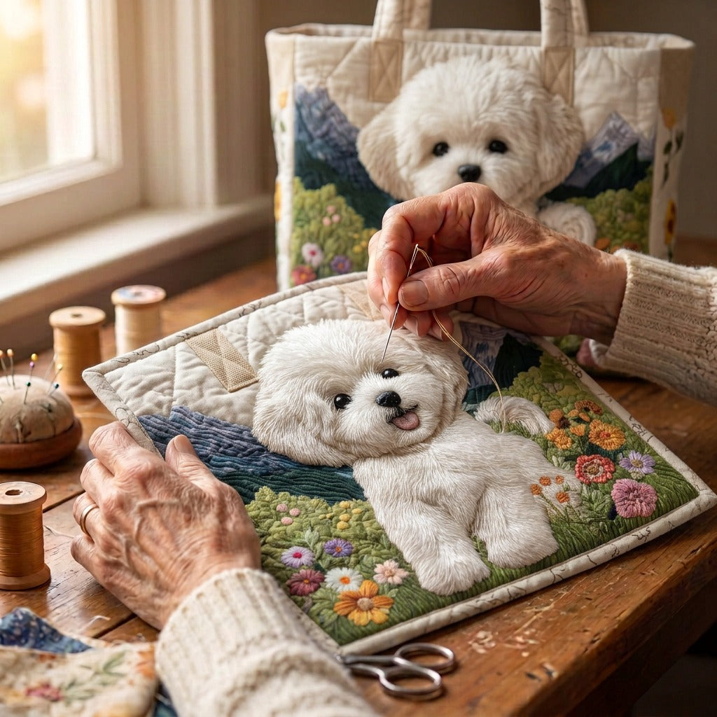 Chien Enchanté Sac Artisanal Matelassé – matelassé à la main sur la table de l’atelier