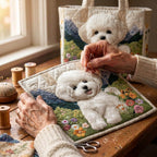 Chien Enchanté Sac Artisanal Matelassé – matelassé à la main sur la table de l’atelier