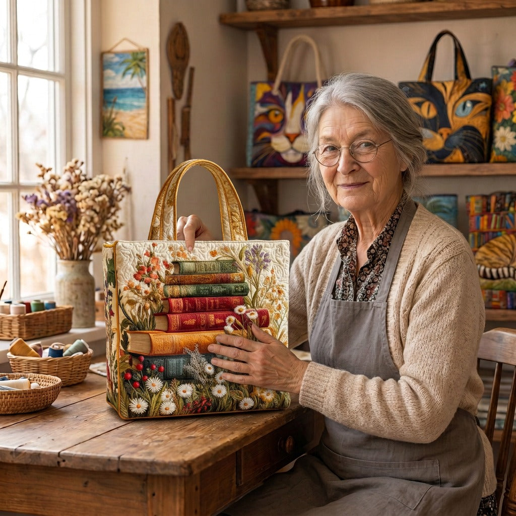 Lien met de Tuintapijt Gewatteerde Handgemaakte Tas in haar atelier
