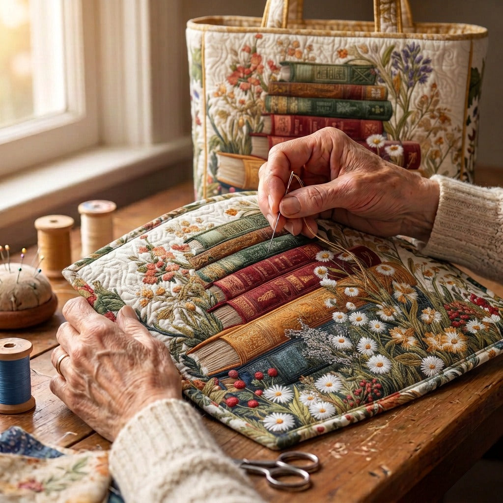 Tuintapijt Gewatteerde Handgemaakte Tas – wordt met de hand gequilt aan de ateliertafel