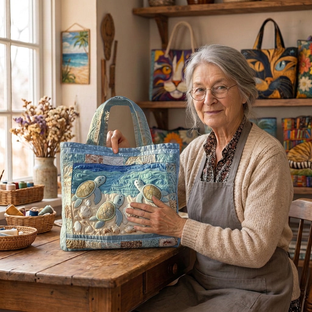 Lien with the Sea Turtles quilted tote bag in her atelier