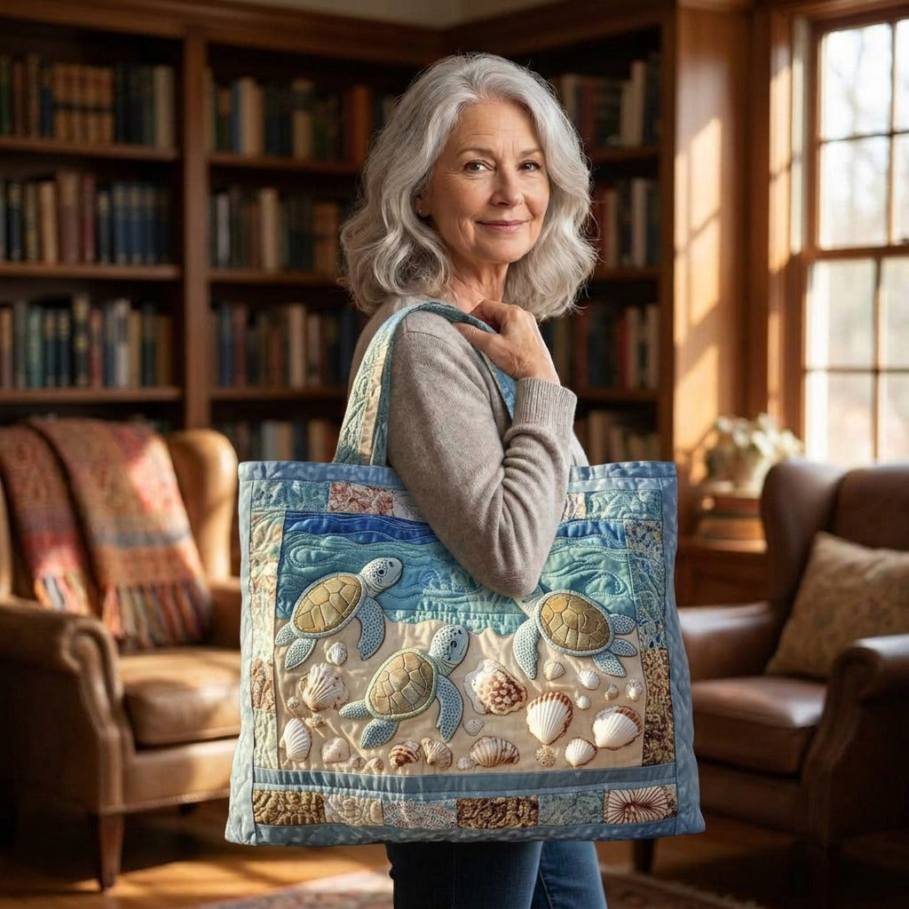 Sea Turtles quilted tote bag worn on the shoulder