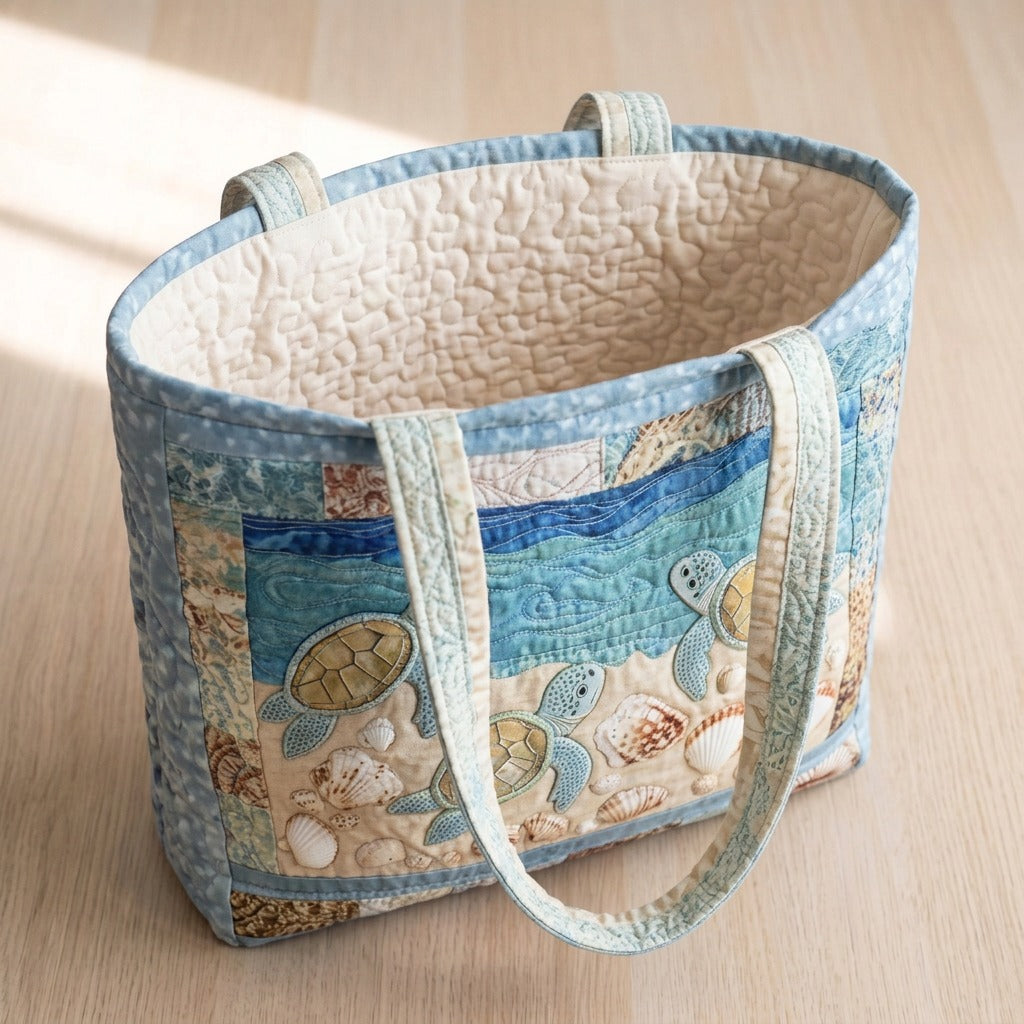Sea Turtles quilted tote bag, open, showing the quilted lining