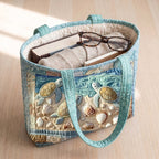 Sea Turtles quilted tote bag packed with a book, a cardigan and glasses