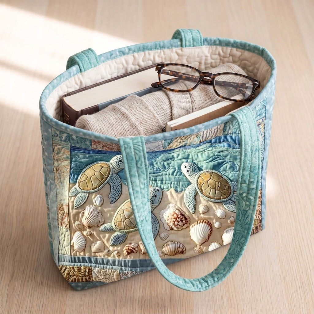 Sea Turtles quilted tote bag packed with a book, a cardigan and glasses