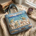 Sea Turtles quilted tote bag on a knitted blanket with coffee by the window