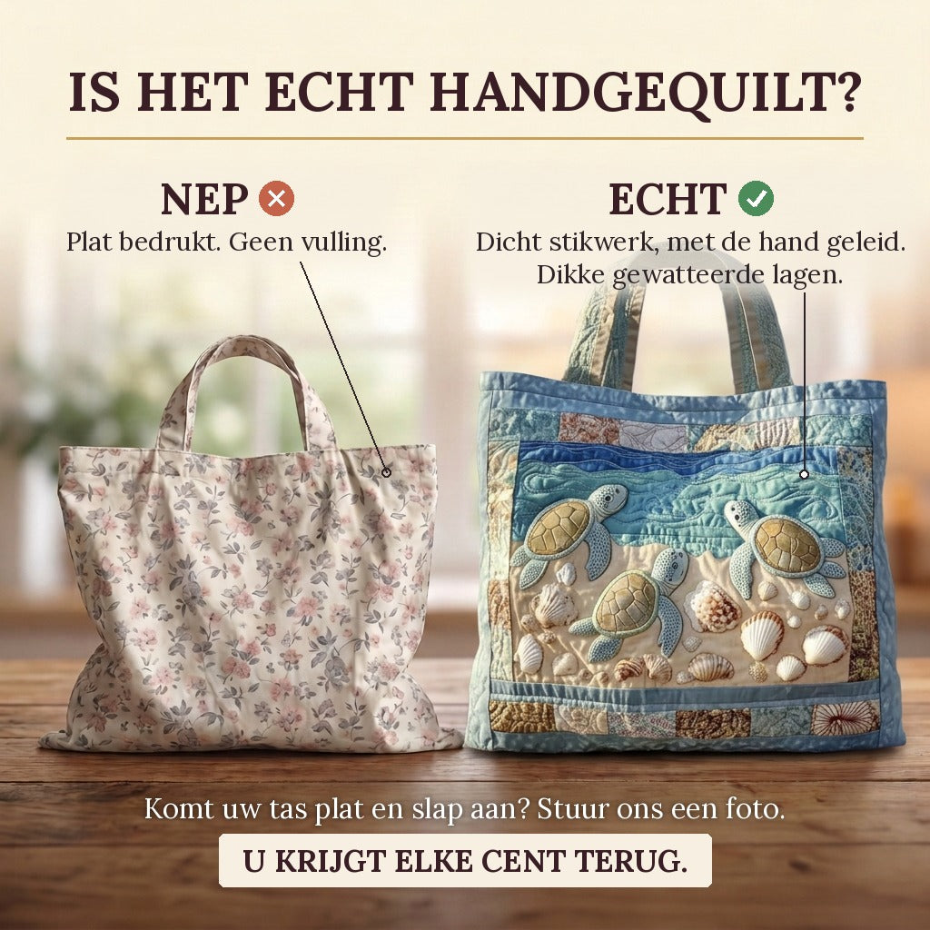 Sea Turtles quilted tote bag: real quilted layers vs a flat printed bag
