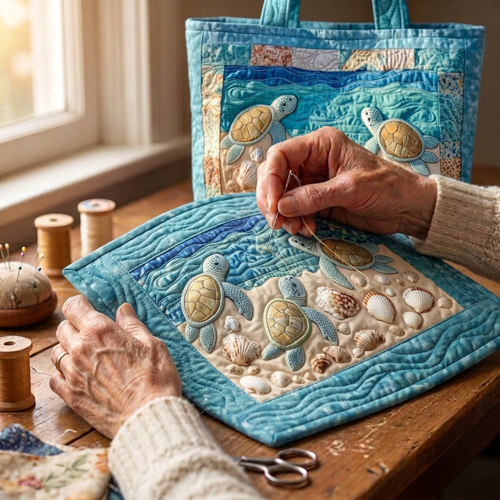 Oceaanstroom Gewatteerde Handgemaakte Tas – wordt met de hand gequilt aan de ateliertafel