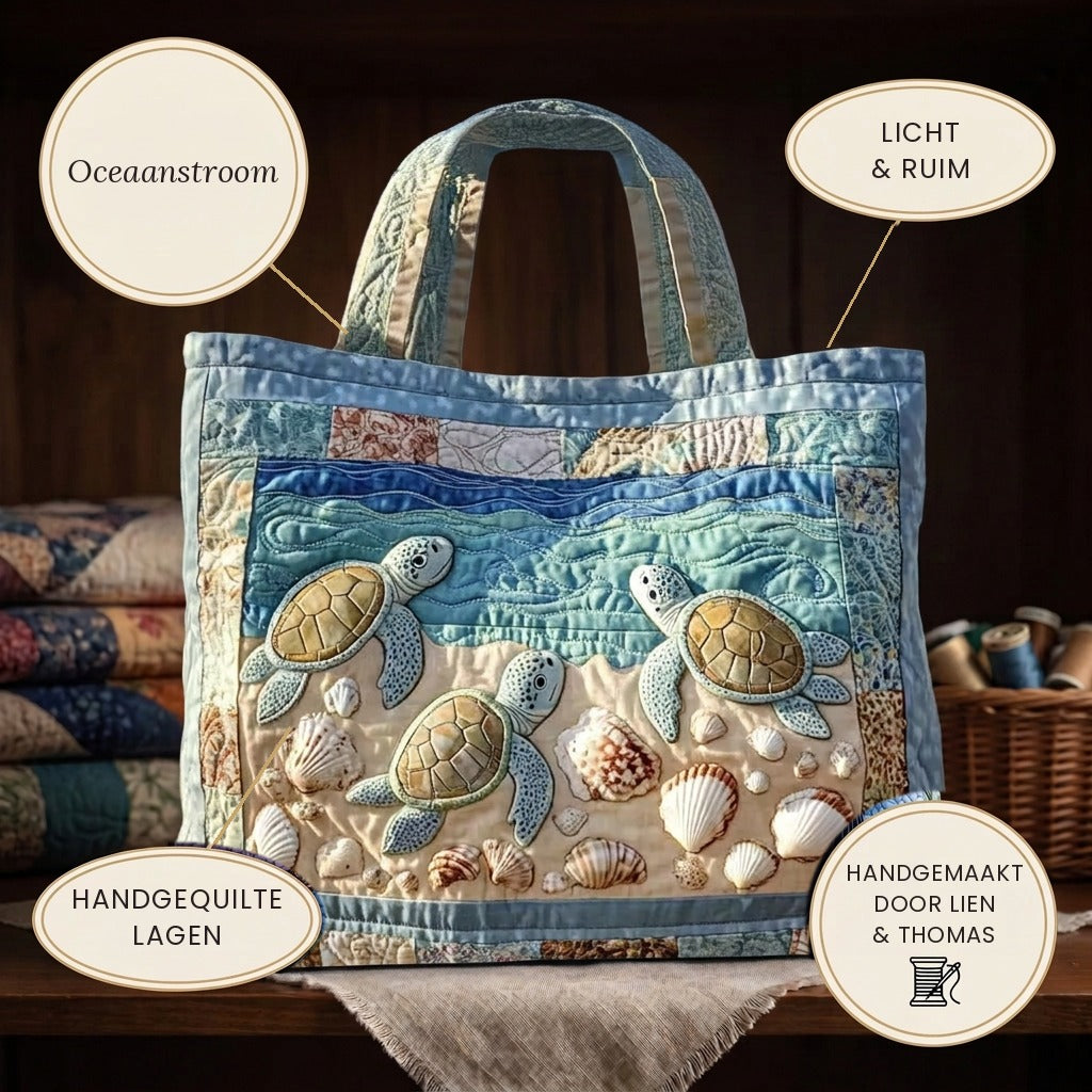 Sea Turtles quilted tote bag details: light and roomy, hand-quilted layers