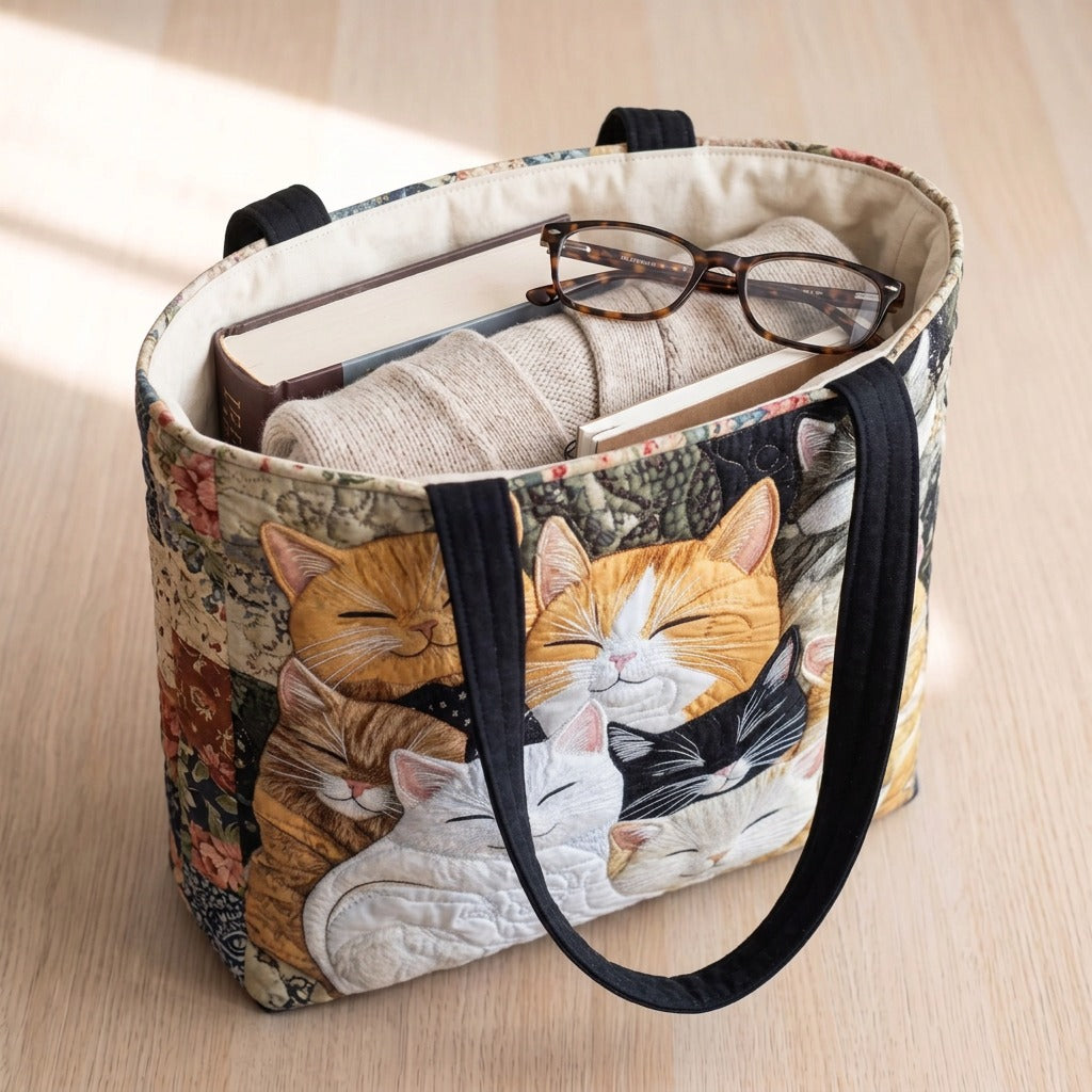 Chatons Rêveurs Sac Artisanal Matelassé – sac rempli d’un livre, d’un gilet et de lunettes