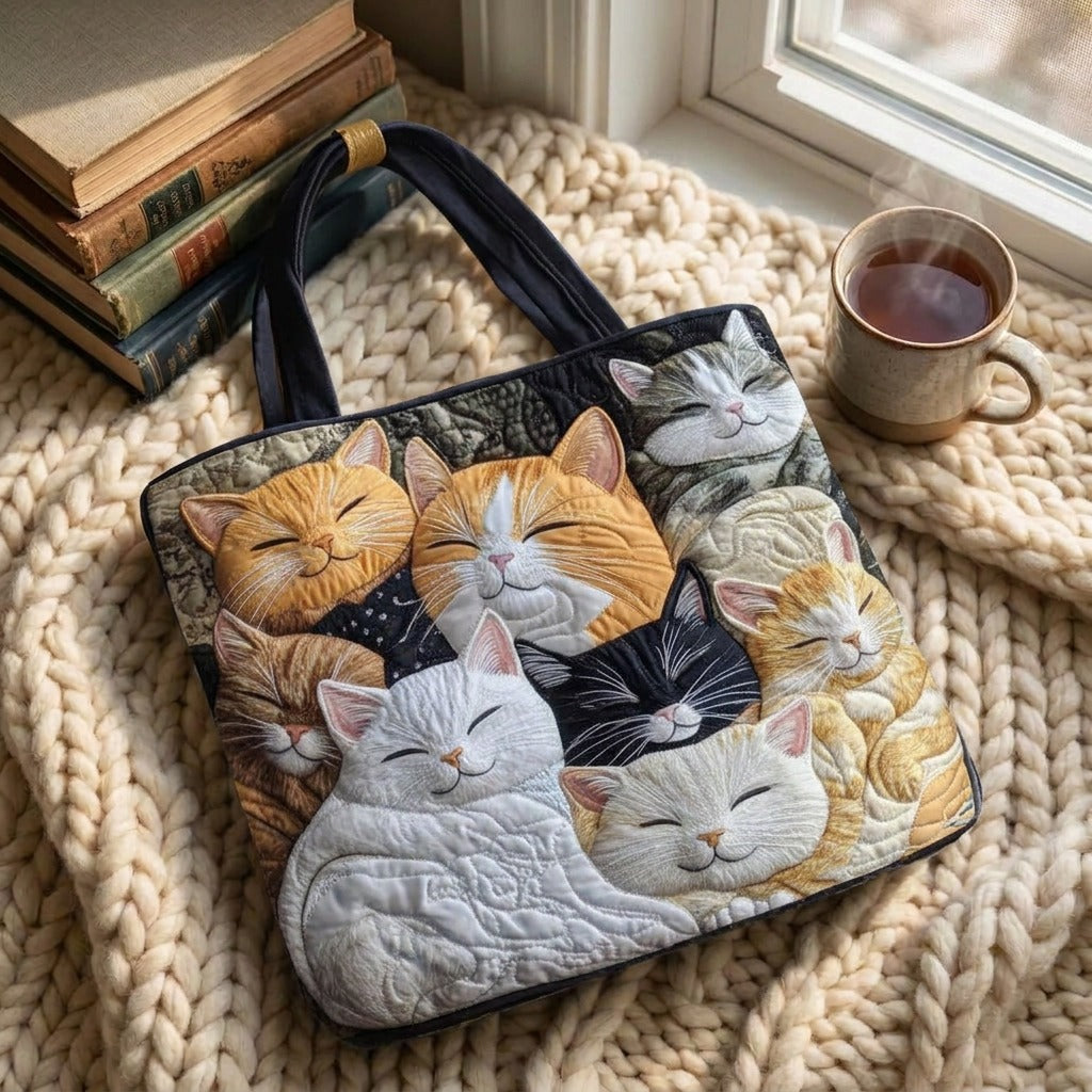 Chatons Rêveurs Sac Artisanal Matelassé – sac sur un plaid tricoté avec un café près de la fenêtre