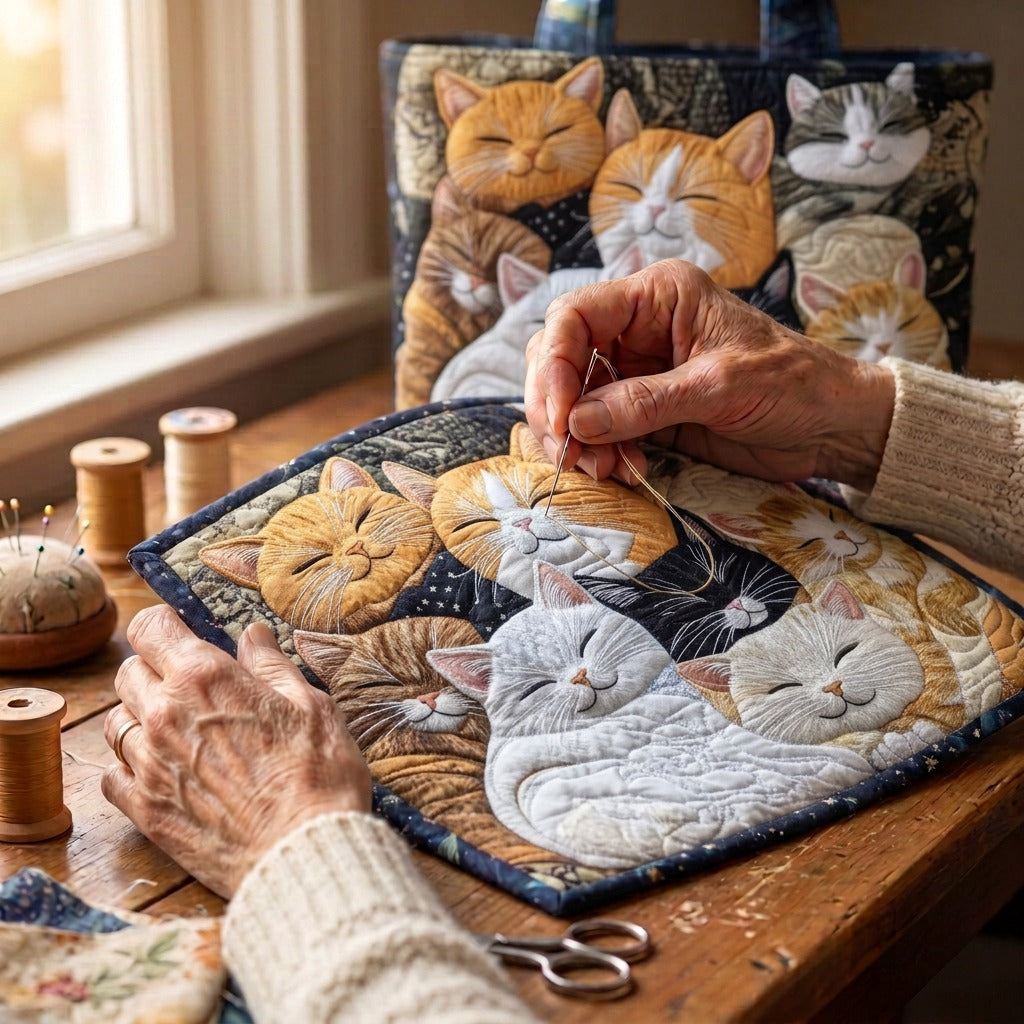 Chatons Rêveurs Sac Artisanal Matelassé – matelassé à la main sur la table de l’atelier