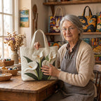 Lien with the White Lilies quilted tote bag in her atelier