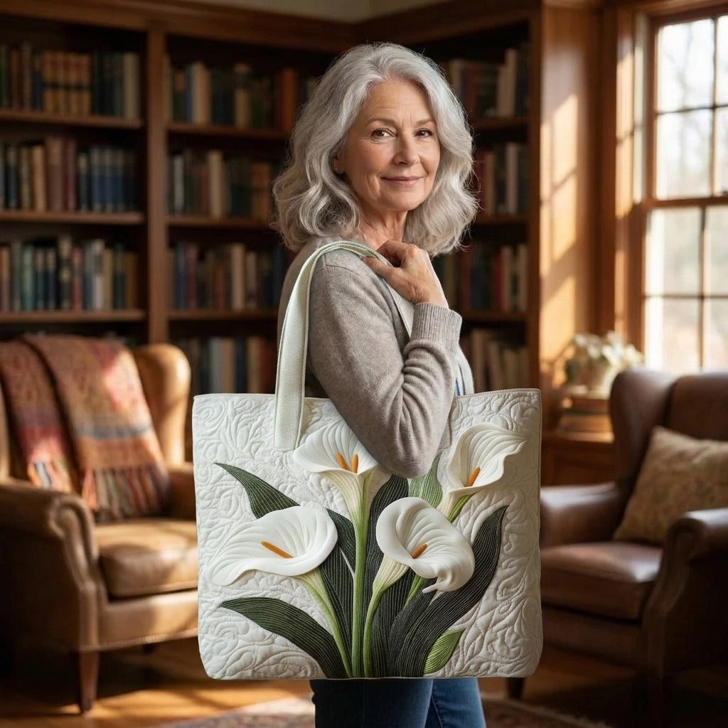 White Lilies quilted tote bag worn on the shoulder