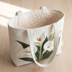 White Lilies quilted tote bag, open, showing the quilted lining