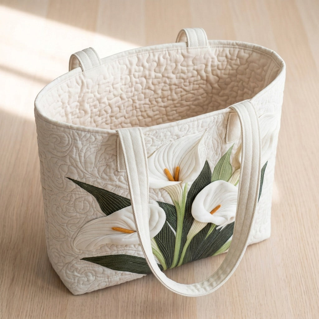 White Lilies quilted tote bag, open, showing the quilted lining
