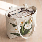 White Lilies quilted tote bag packed with a book, a cardigan and glasses