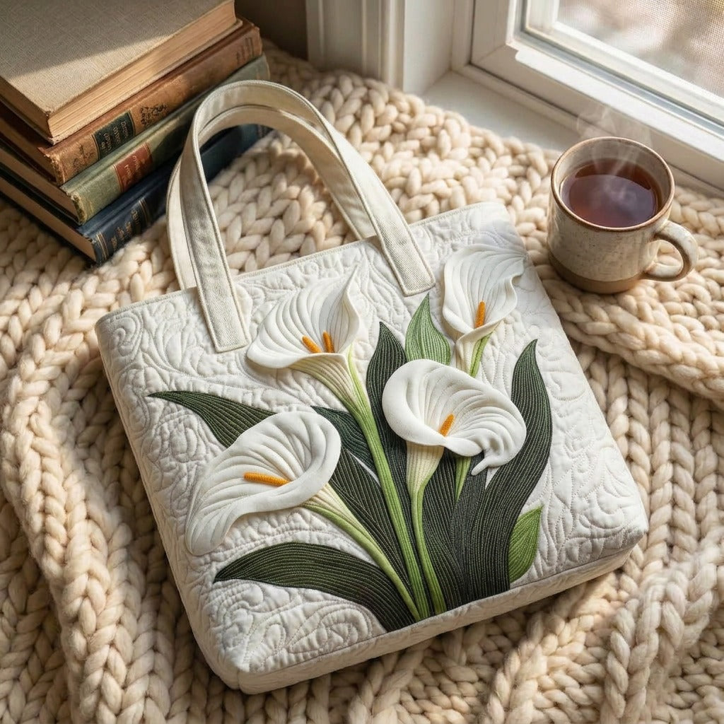 White Lilies quilted tote bag on a knitted blanket with coffee by the window