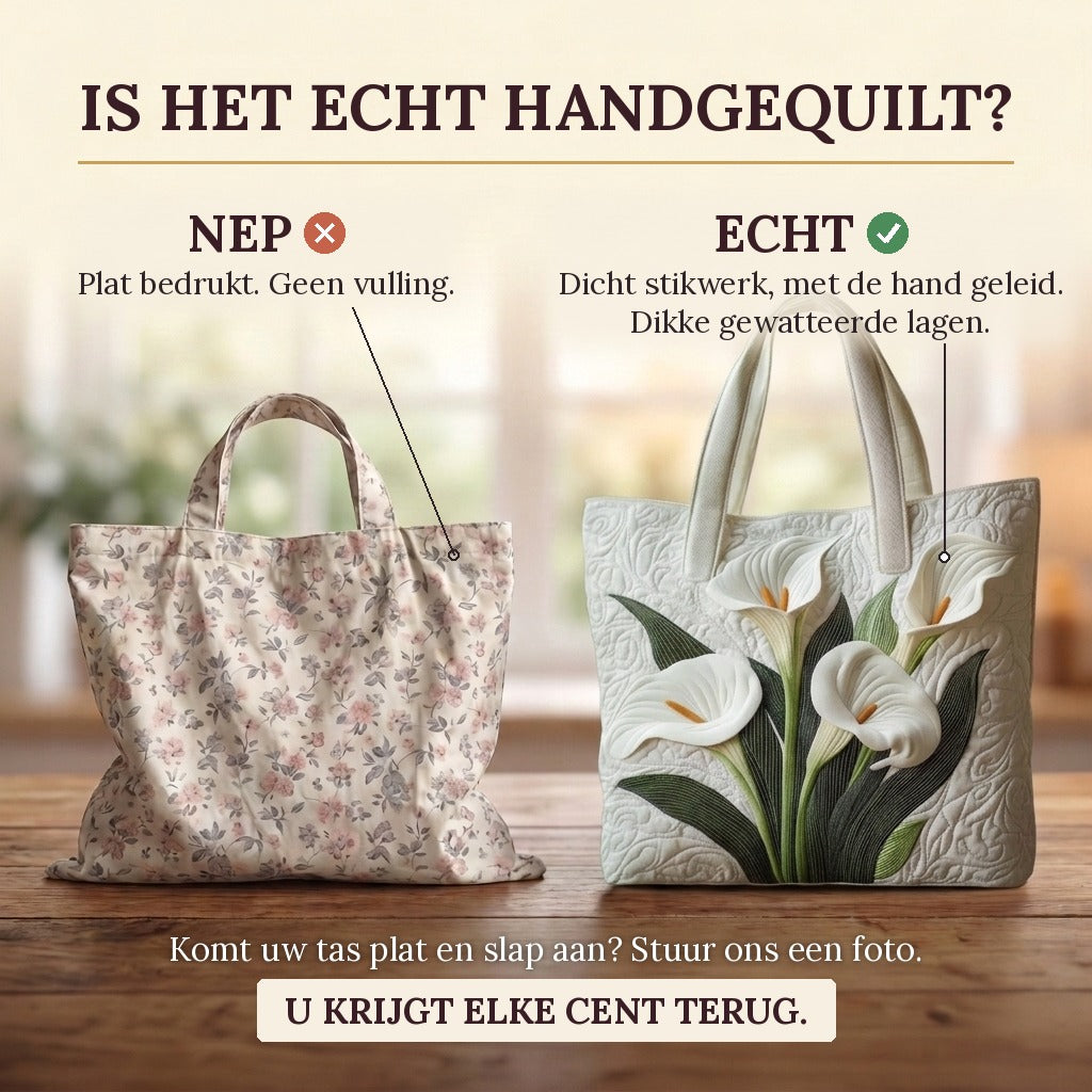 White Lilies quilted tote bag: real quilted layers vs a flat printed bag