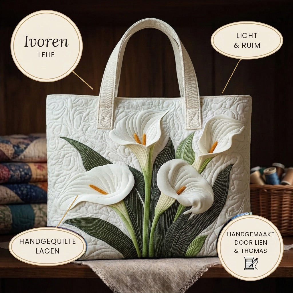 White Lilies quilted tote bag details: light and roomy, hand-quilted layers
