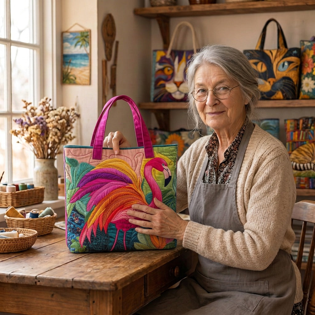 Lien met de Flamingoschemering Gewatteerde Draagtas in haar atelier