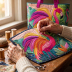 Flamingoschemering Gewatteerde Draagtas – wordt met de hand gequilt aan de ateliertafel