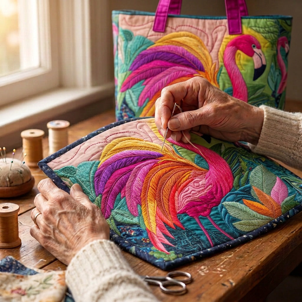 Flamingoschemering Gewatteerde Draagtas – wordt met de hand gequilt aan de ateliertafel