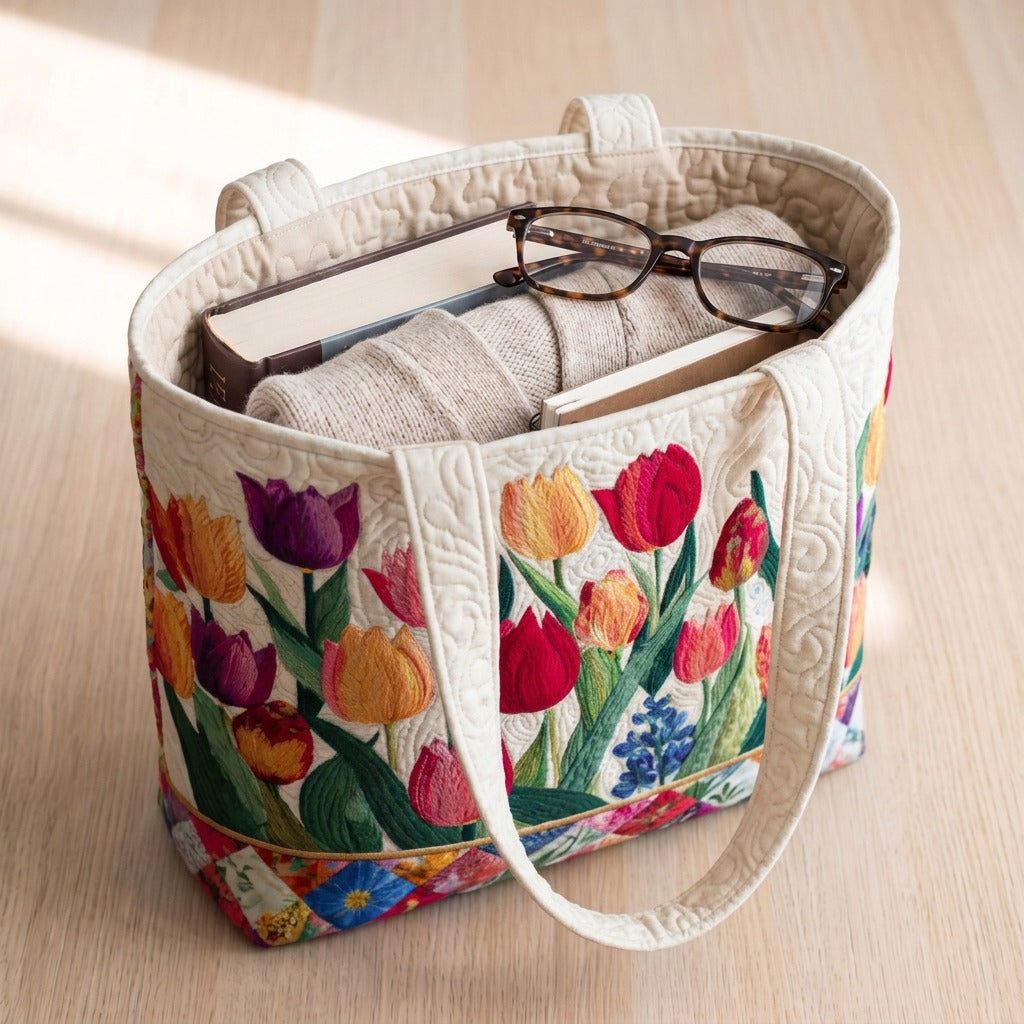 Classique Intemporel Tote Bag Matelassé – sac rempli d’un livre, d’un gilet et de lunettes