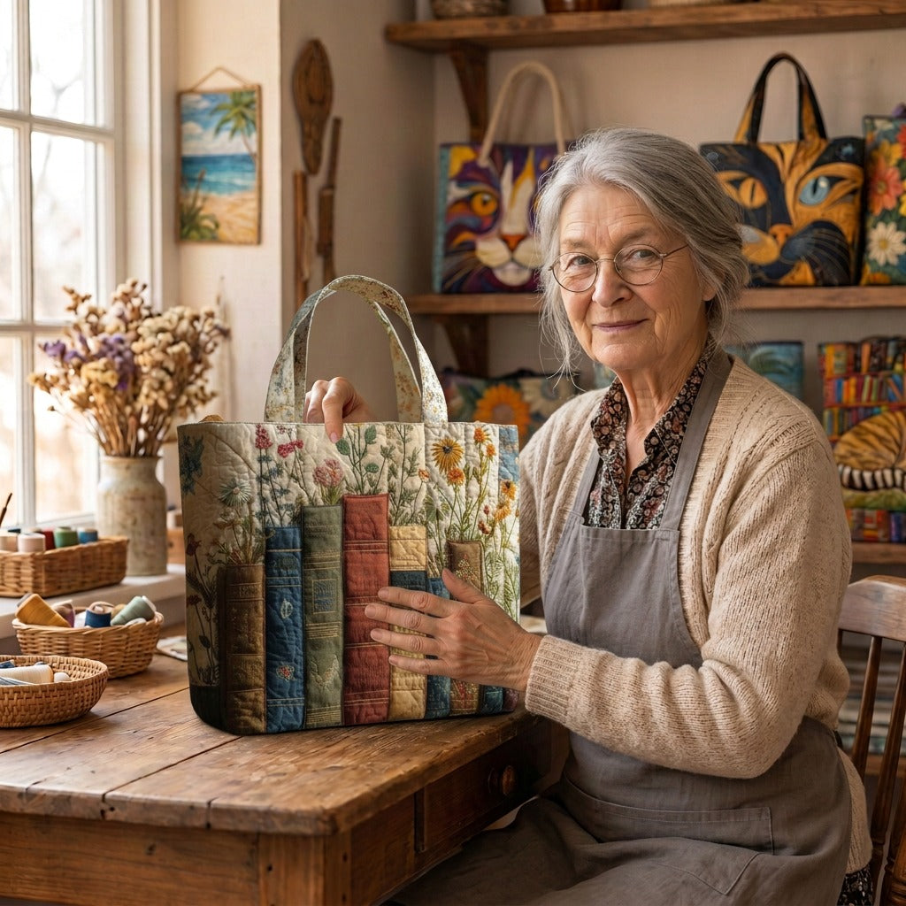 Lien dans son atelier avec le Jardin Bibliothèque Tote Bag Matelassé