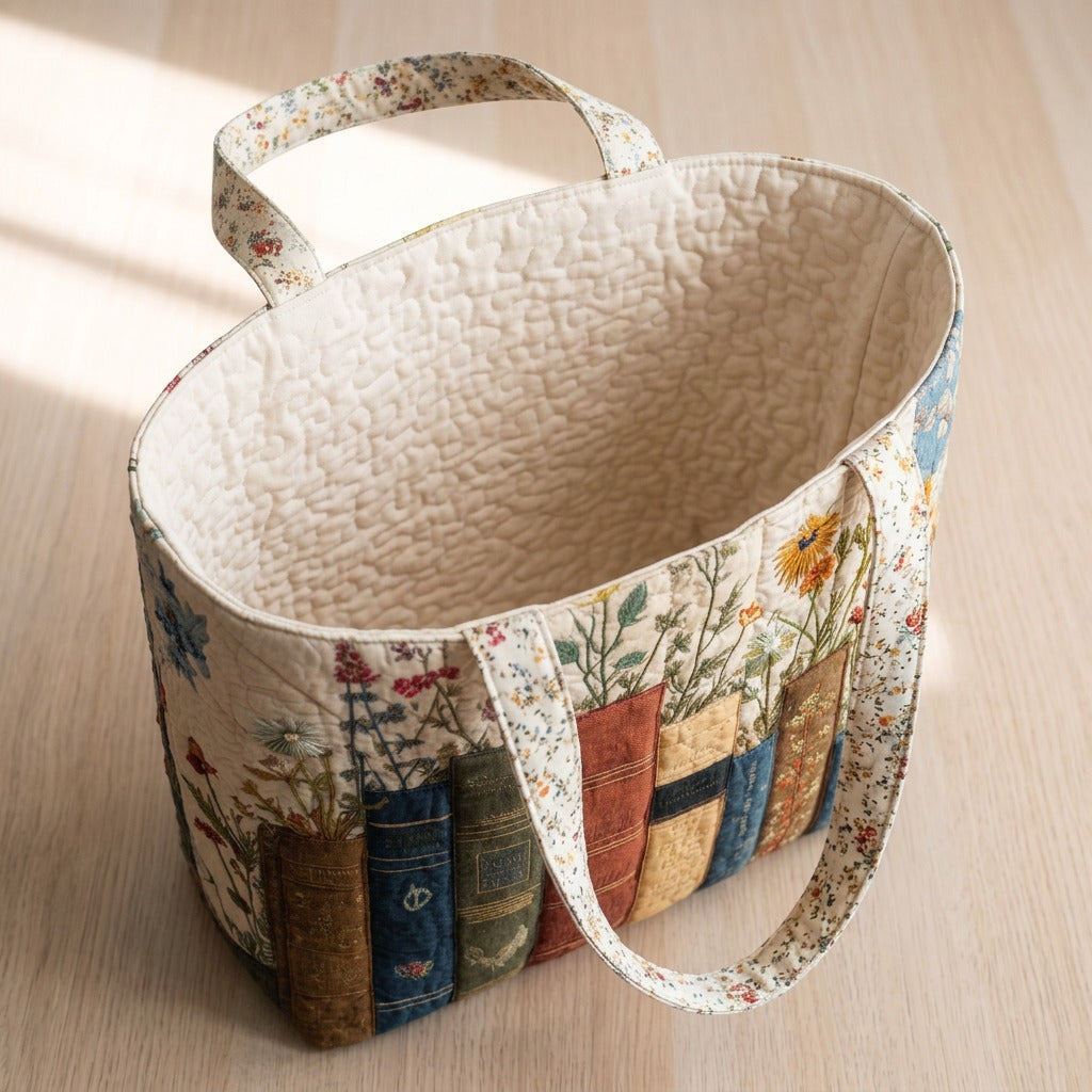 Jardin Bibliothèque Tote Bag Matelassé – sac ouvert avec doublure matelassée