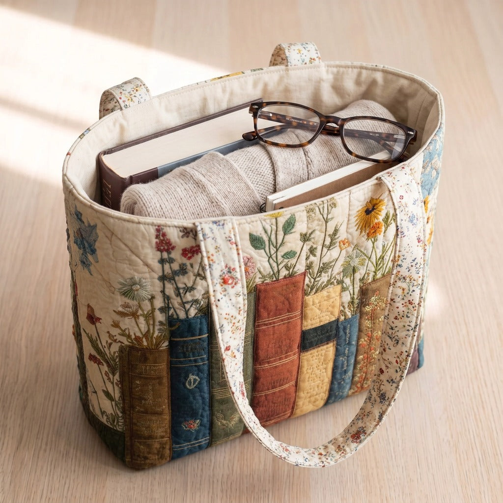 Jardin Bibliothèque Tote Bag Matelassé – sac rempli d’un livre, d’un gilet et de lunettes