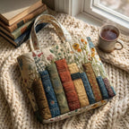 Jardin Bibliothèque Tote Bag Matelassé – sac sur un plaid tricoté avec un café près de la fenêtre