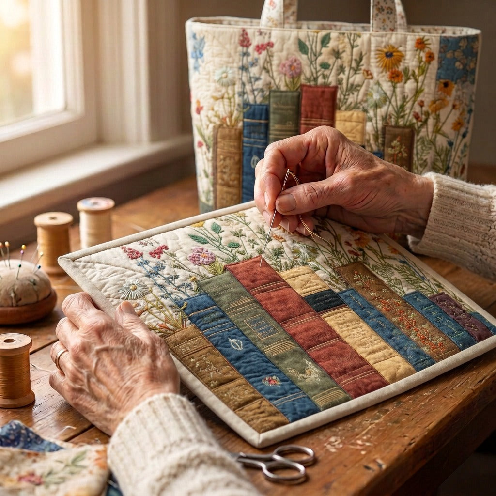 Jardin Bibliothèque Tote Bag Matelassé – matelassé à la main sur la table de l’atelier