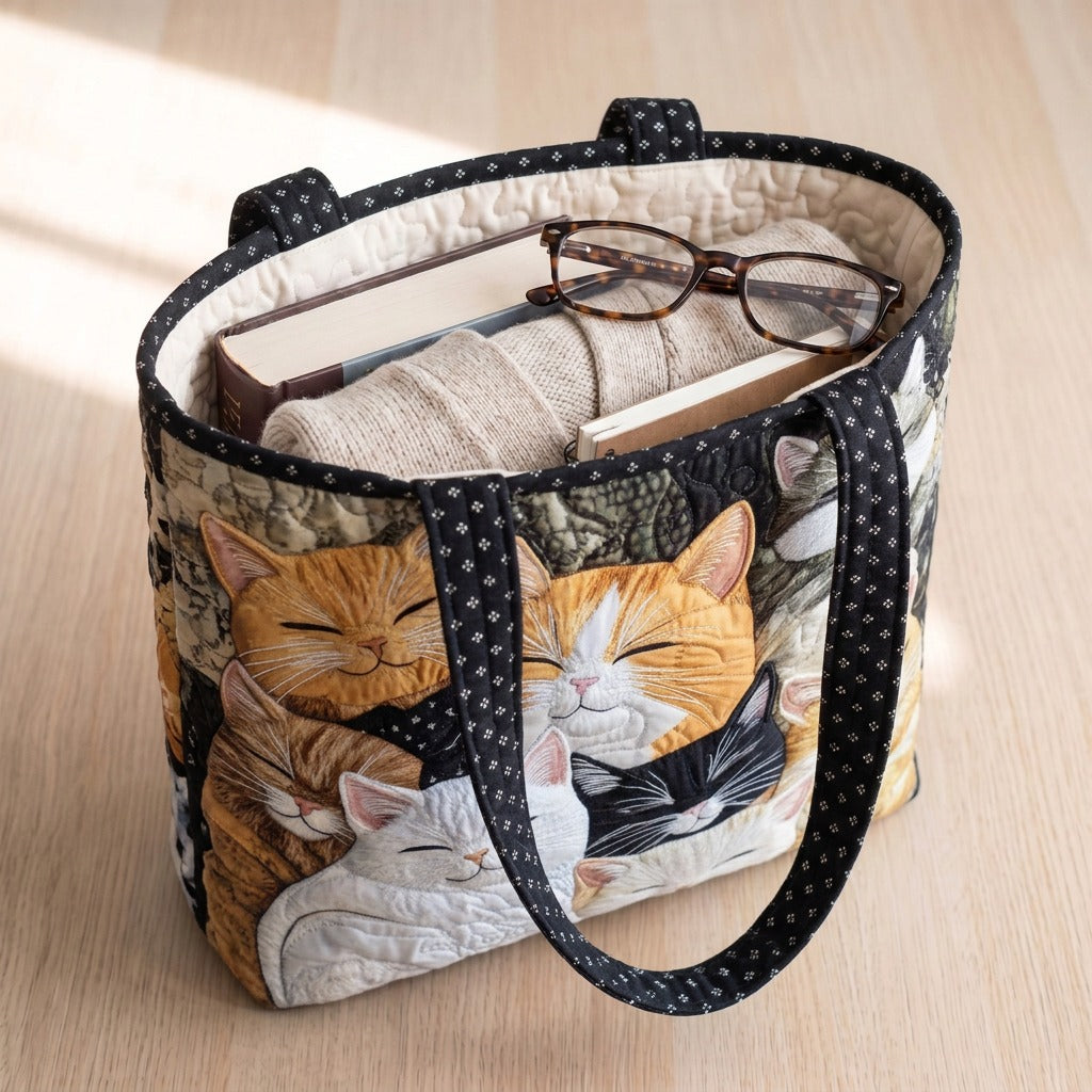 Pure Rêverie Tote Bag Matelassé – sac rempli d’un livre, d’un gilet et de lunettes