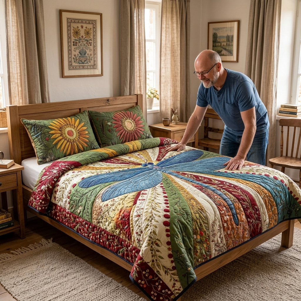 Thomas smoothing a freshly made bedding set